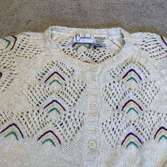 Vintage Carducci Crochet Cardigan Women's M Ivory Pointelle Cottagecore Whimsy - Picture 2 of 10